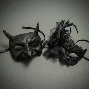 Black Horned Demon Mask & Lace Feather Masquerade Couple Mask Set